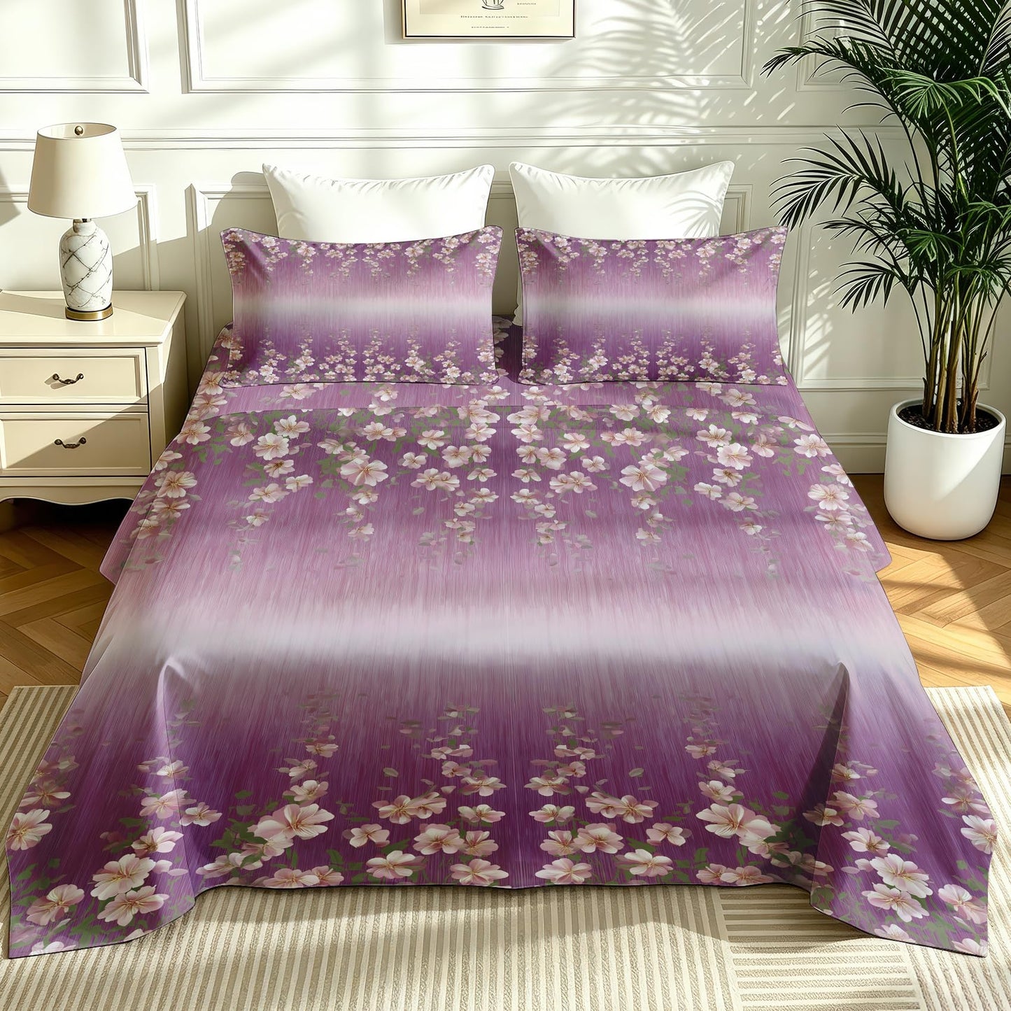 Girls Flower Queen Sheet Set 4 Pcs Purple Gradient Bed Sheets