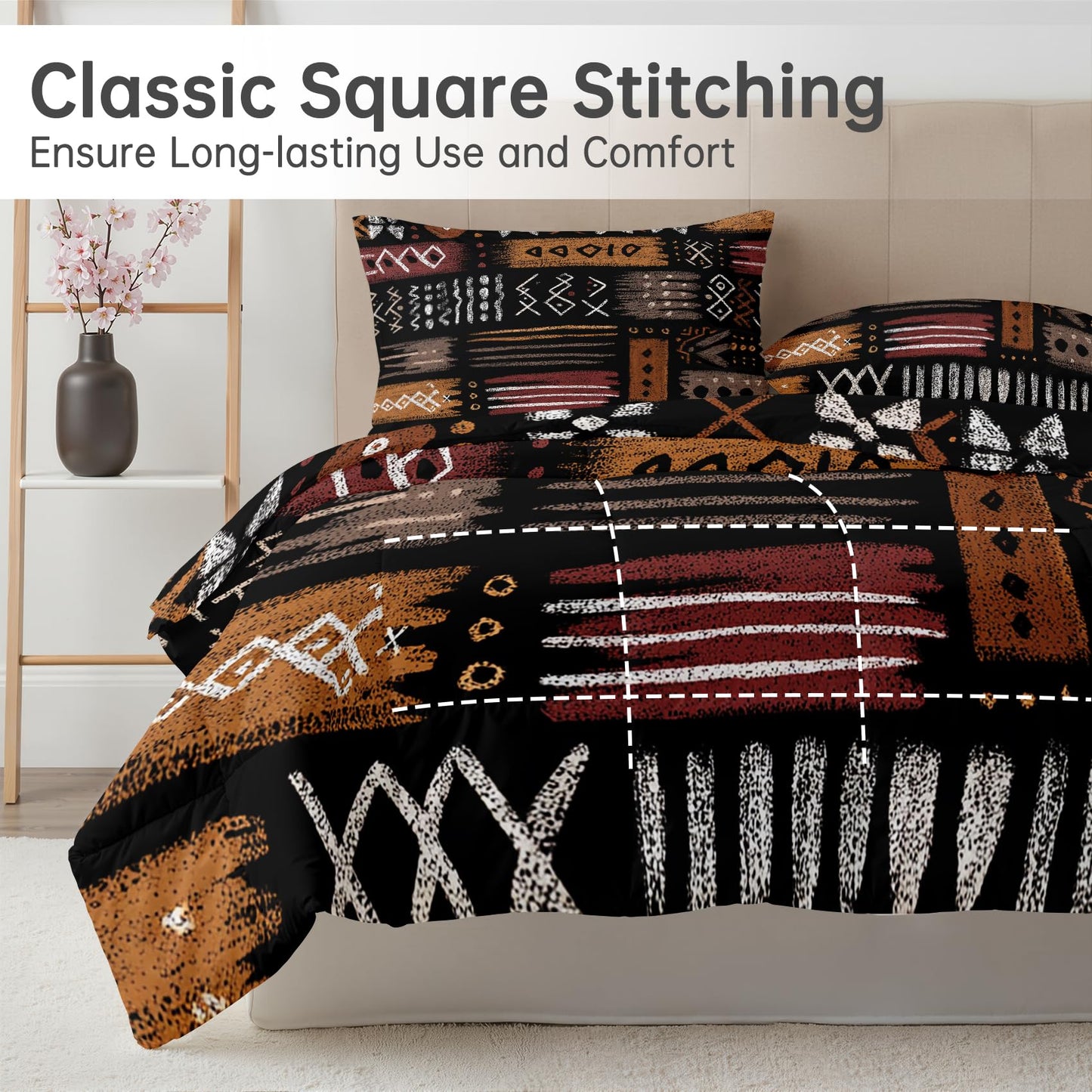 Mud Cloth Comforter Queen Size - 3 Pcs Bed Set, All Season Comforter & 2 Pillowcases, Abstract Tribal Bedding Set, Soft Lightweight Down Alternative Duvet Insert, Boho Ethnic Bedroom Decor