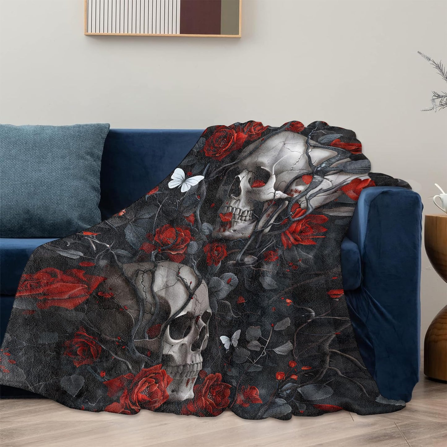 Skull Rose Gothic Blanket Gifts for Women Adults, Soft Warm Lightweight Flannel Throw Blankets for Camping Bedroom Living Room Home Sofa Travel Decor 50" x 60"
