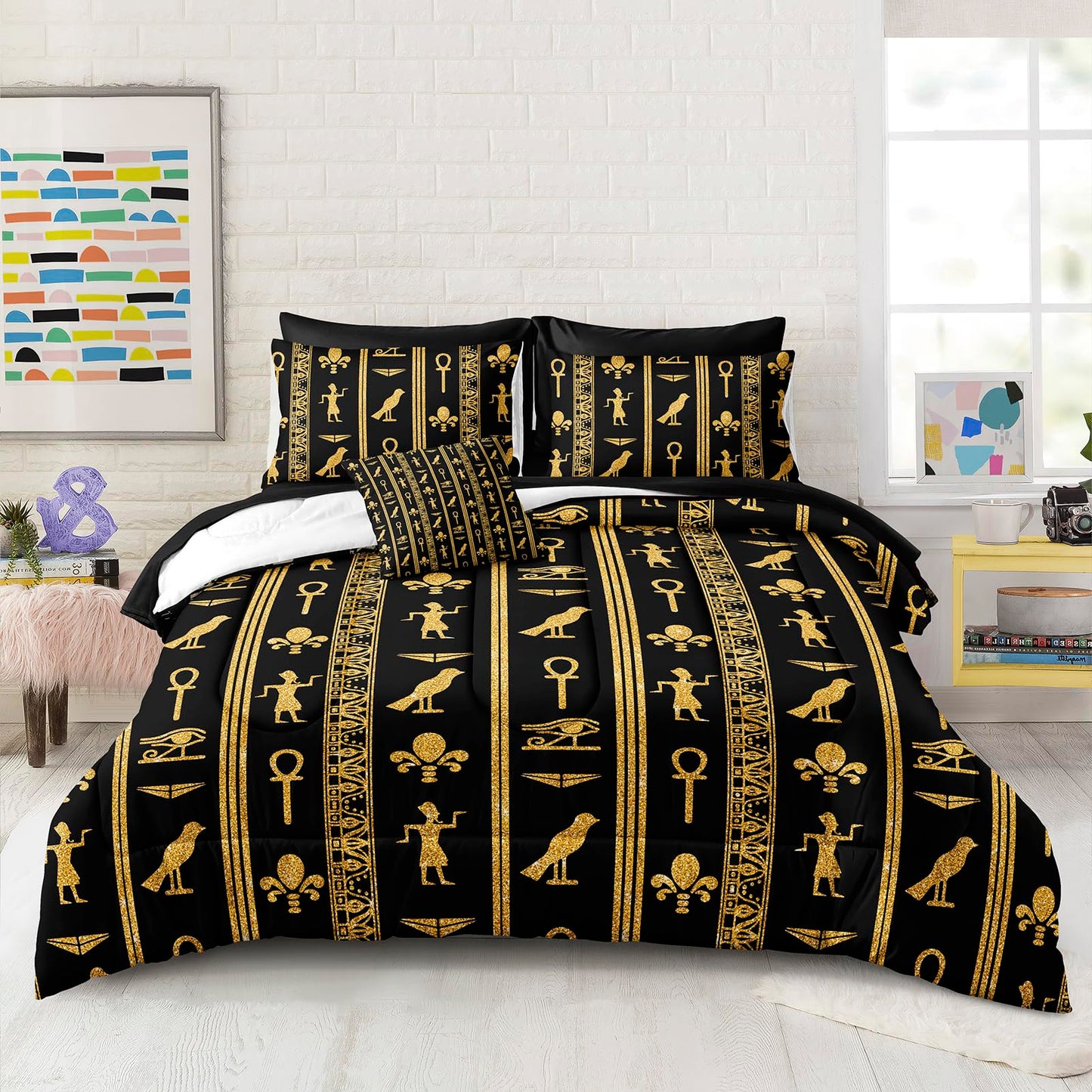 Black Gold Queen Bedding Set - Ancient Egyptian Vintage Pharaoh Pyramid Pattern Boho Tribal Comforter Sheet Set with 1 Cushion Cover (Queen, Black)