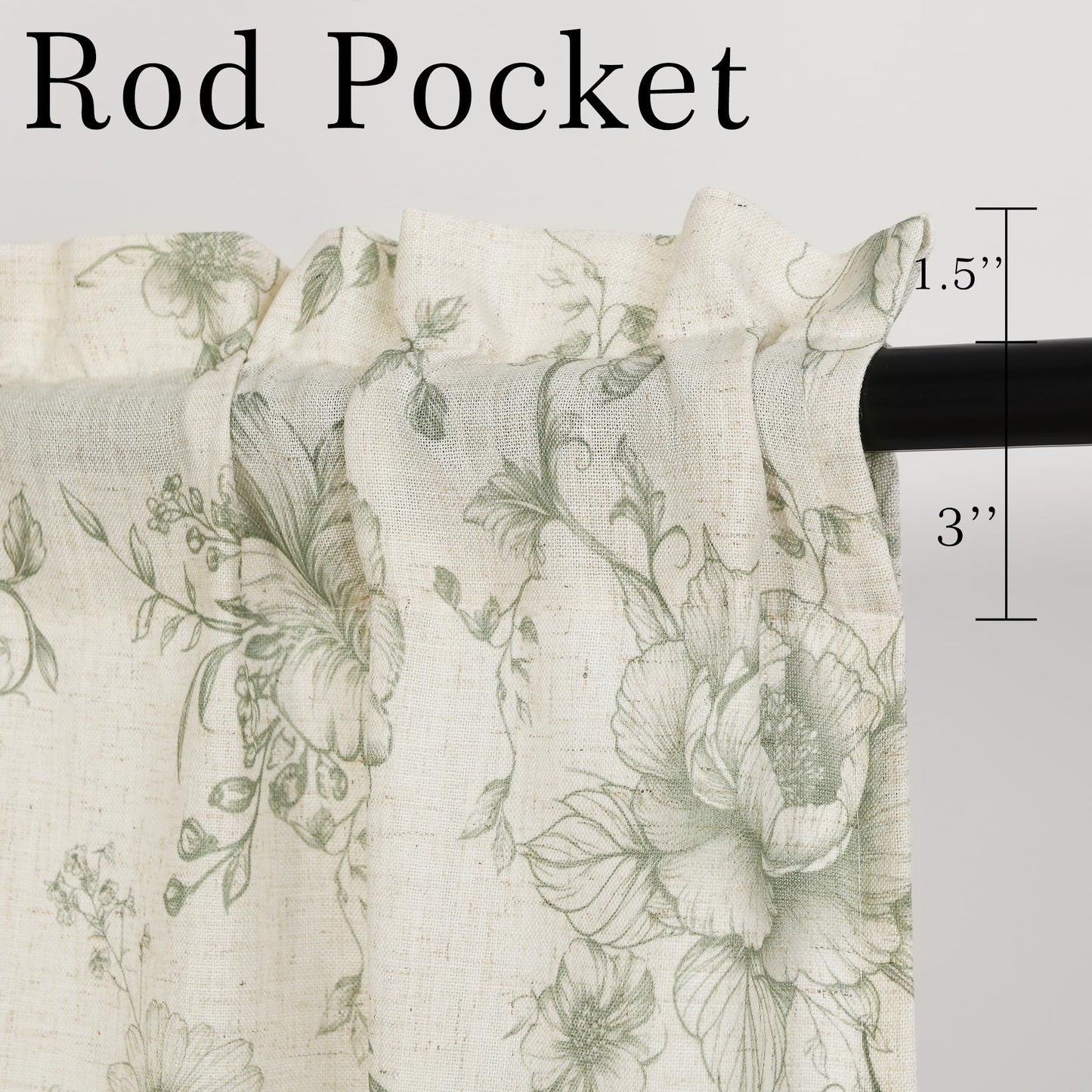 JIUZHEN Farmhouse Floral Linen Kitchen Curtains 24 Inch Length, Rod Pocket Rustic Light Filtering Tier Curtains for Livingroom/Bathroom, Green Peony Fragmented Flowers, 2 Panels