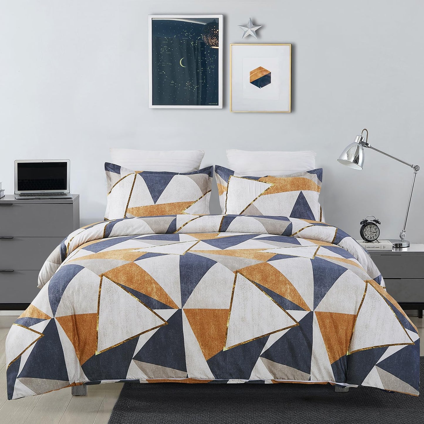 Vaulia Soft Microfiber Duvet Cover Set Queen, Modern Navy Brown Geometric Print Pattern Design All Season, 3-Piece Set with 1 Duvet Cover 2 Pillow Shams