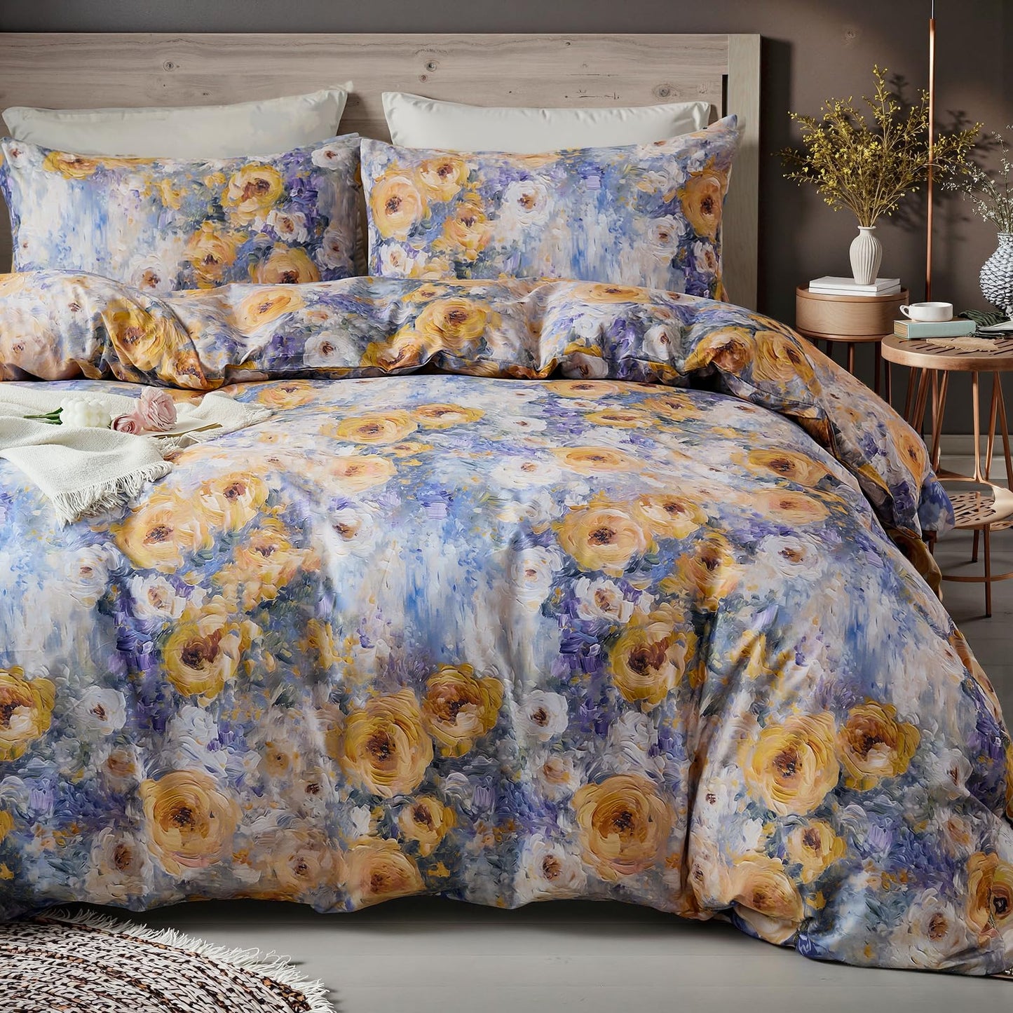Cozaline 100% Cotton Duvet Cover King Size – Impressionist Natural Yellow & Blue Floral Duvet Cover Set with Zipper Closure, 3-Piece Soft Breathable Durable Percale Cotton Bedding Set for All Seasons