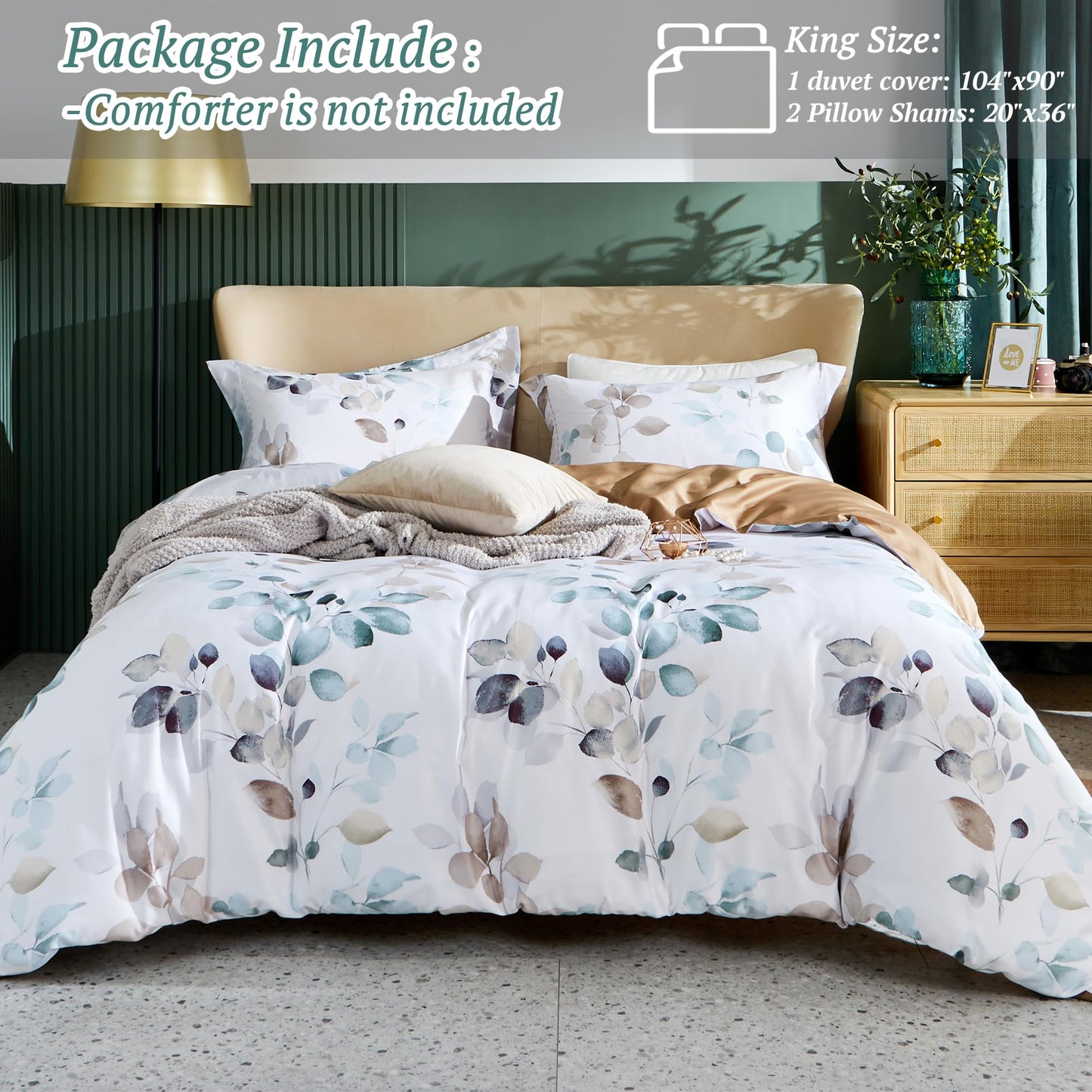 MILDLY Floral Duvet Cover Set - 100% Long-Staple Cotton Green Leaves Pattern Printed Comforter Cover 3pcs Soft Breathable Luxury Lightweigt Bedding for All Season