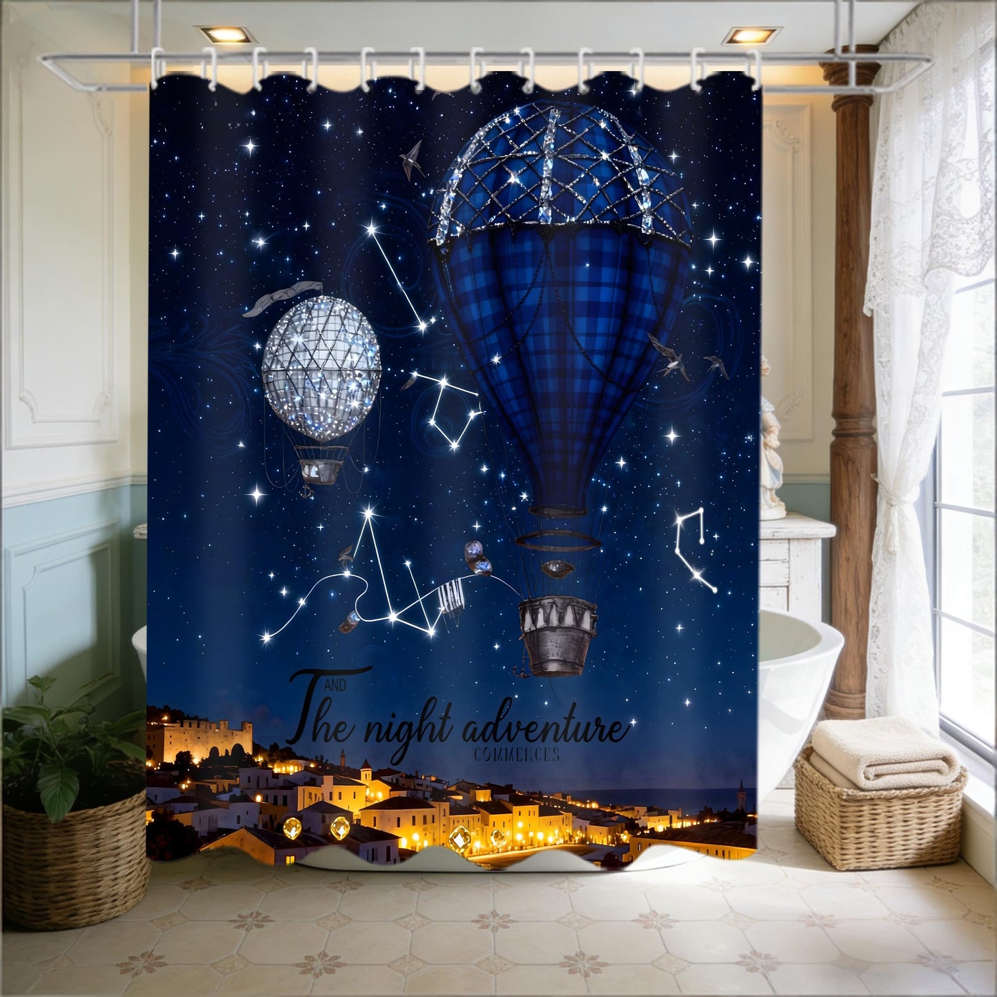 4 Piece Starry Night Shower Curtain Set with Rugs, Blue Hot Air Balloon Adventure Art Bathroom Decor, Waterproof Fabric Curtain with Non-Slip Bath Mats & Toilet Lid Cover, Romantic Night Sky Aesthetic
