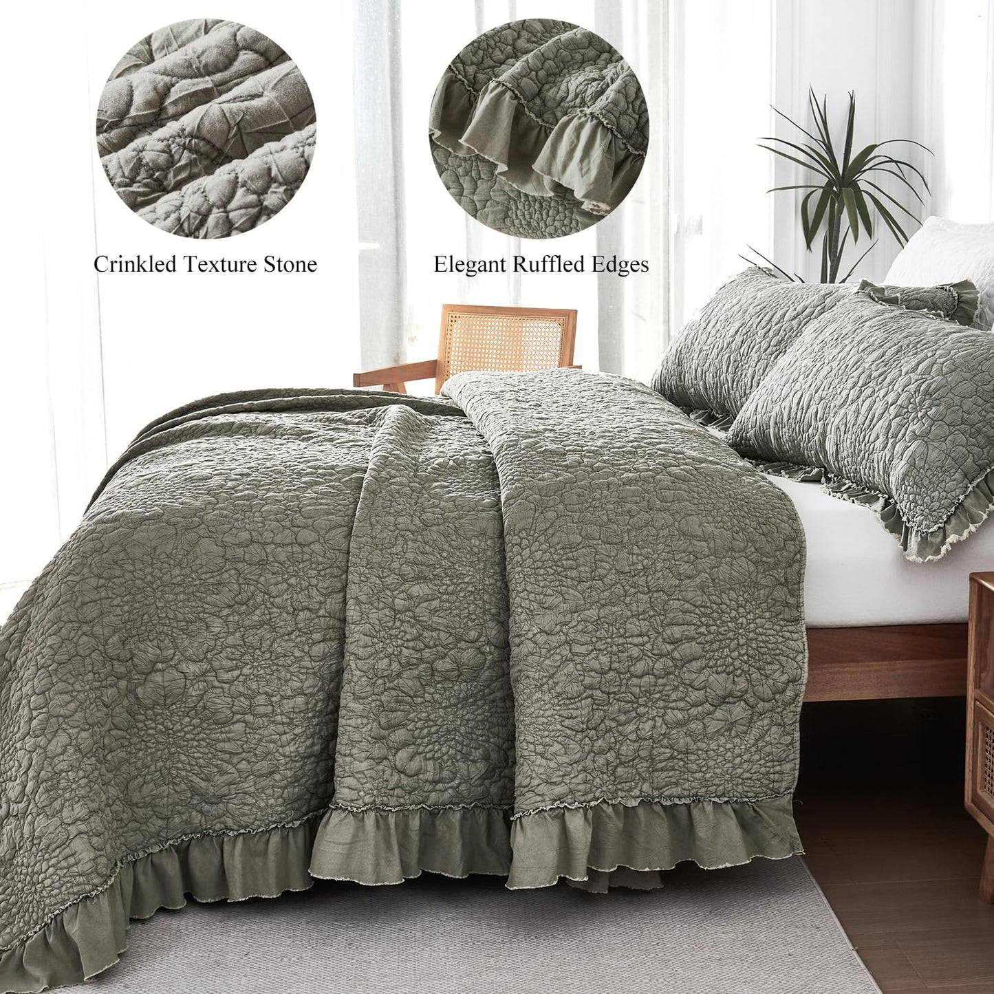 WINLIFE Khaki Ruffled Quilt Set 3pcs Queen 90''x98'' - Stone Washed Microfiber Crinkled Bedspread for All Season Farmhouse Style Lightweight Shabby Chic Coverlet Set with Pillow Shams