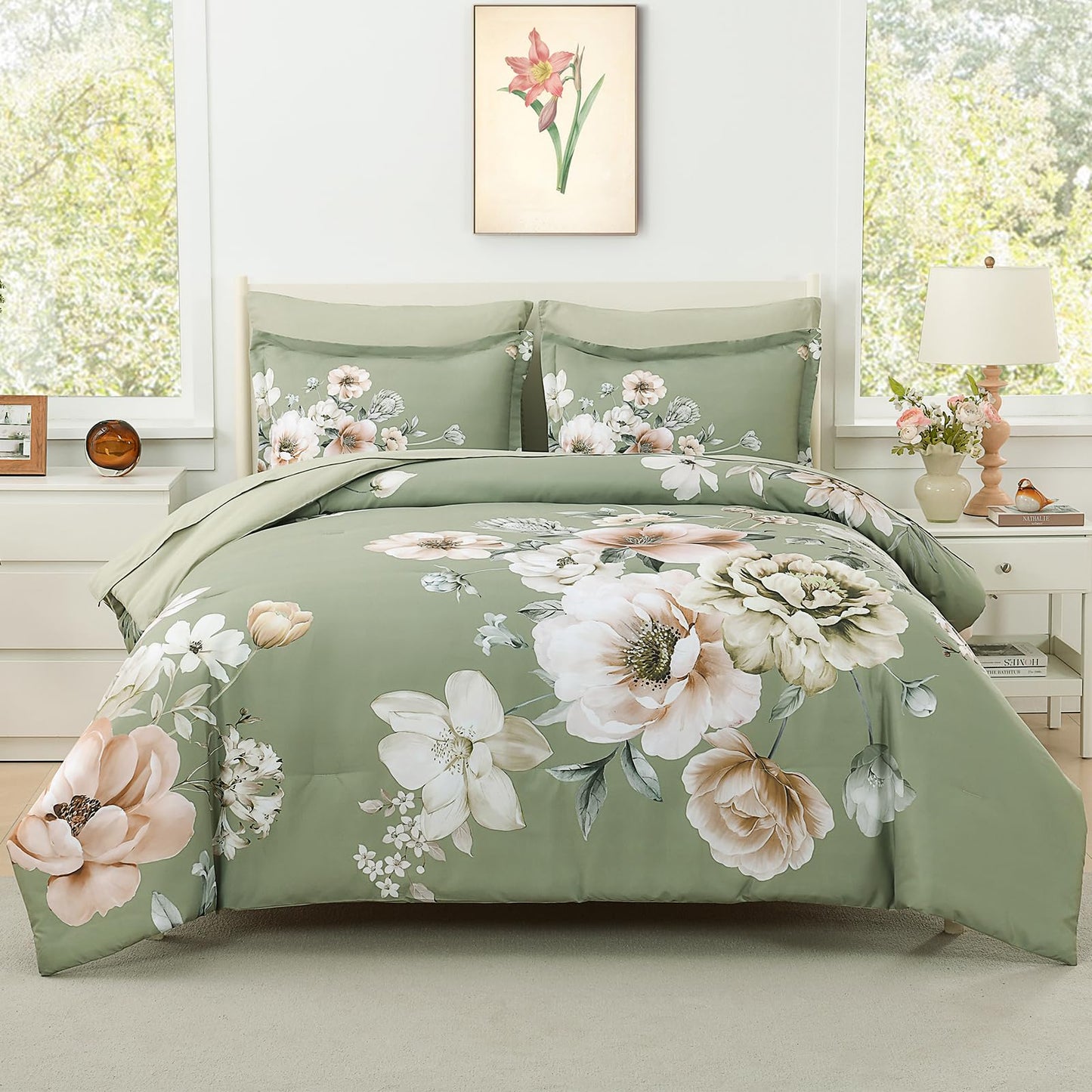 Floral Comforters Queen Size 7 Pieces Botanical Green Flower Bed in a Bag Ulter Soft Microfiber Bedding Set, Lightweight Bed Comforter Set with Sheets for All Season (Green, Queen)