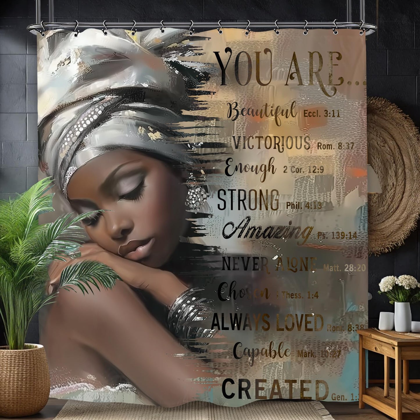 Yookeb African American Inspirational Bathroom Shower Curtain 60W by 71H Inch Black Girl Woman Lady Motivational Quotes Positive Bible Polyester Fabric 12 Plastic Hooks Waterproof Decor