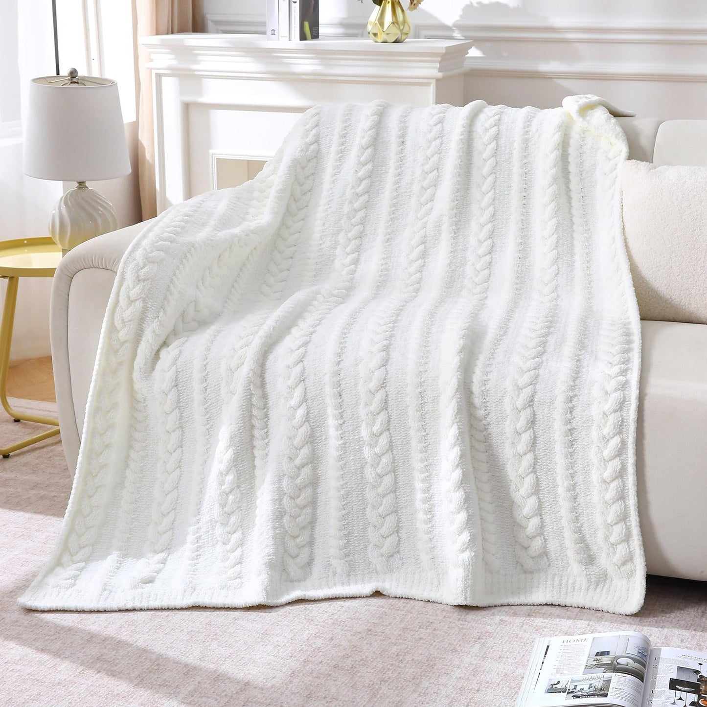 FULFCLVR Cable Knit Throw Blanket 50x60 Inches - Chunky Knit Chenille Blanket for Couch, Bed | Warm & Cozy Winter Blanket for Living Room, Farmhouse Home Decor | Off White