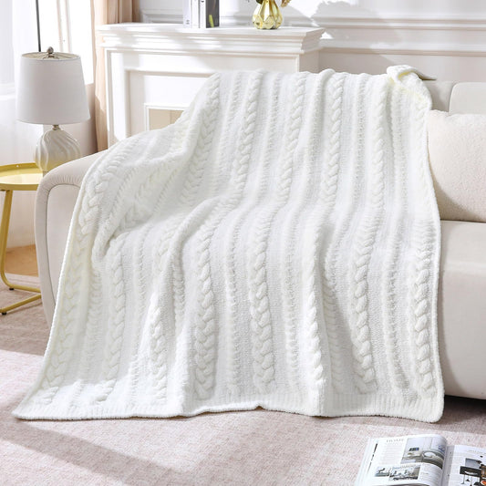 FULFCLVR Cable Knit Throw Blanket 50x60 Inches - Chunky Knit Chenille Blanket for Couch, Bed | Warm & Cozy Winter Blanket for Living Room, Farmhouse Home Decor | Off White