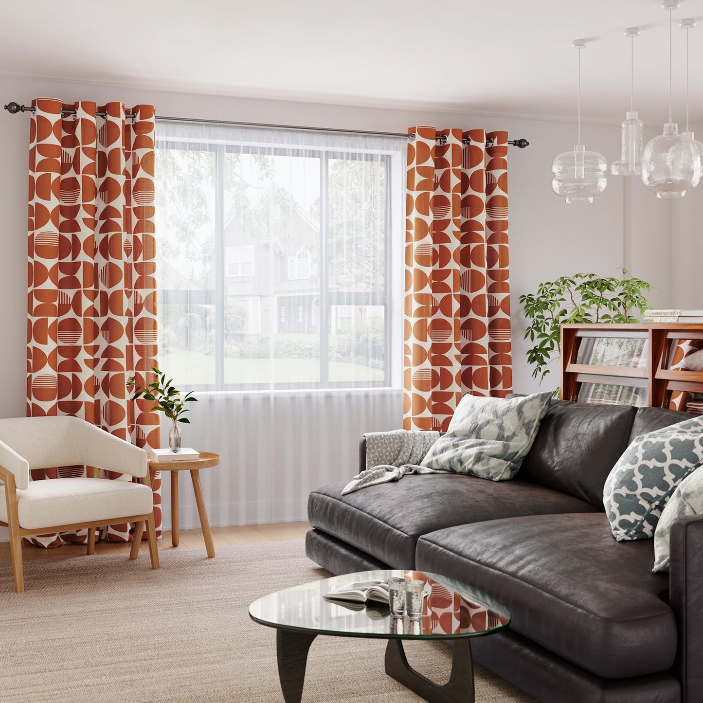 ColorBird Orange Patterned Curtains Mid-Century Modern Farmhouse 63 Inch Length 2 Panels Set, Geometric Grommet Drapes for Kitchen Living Dining Room Bedroom