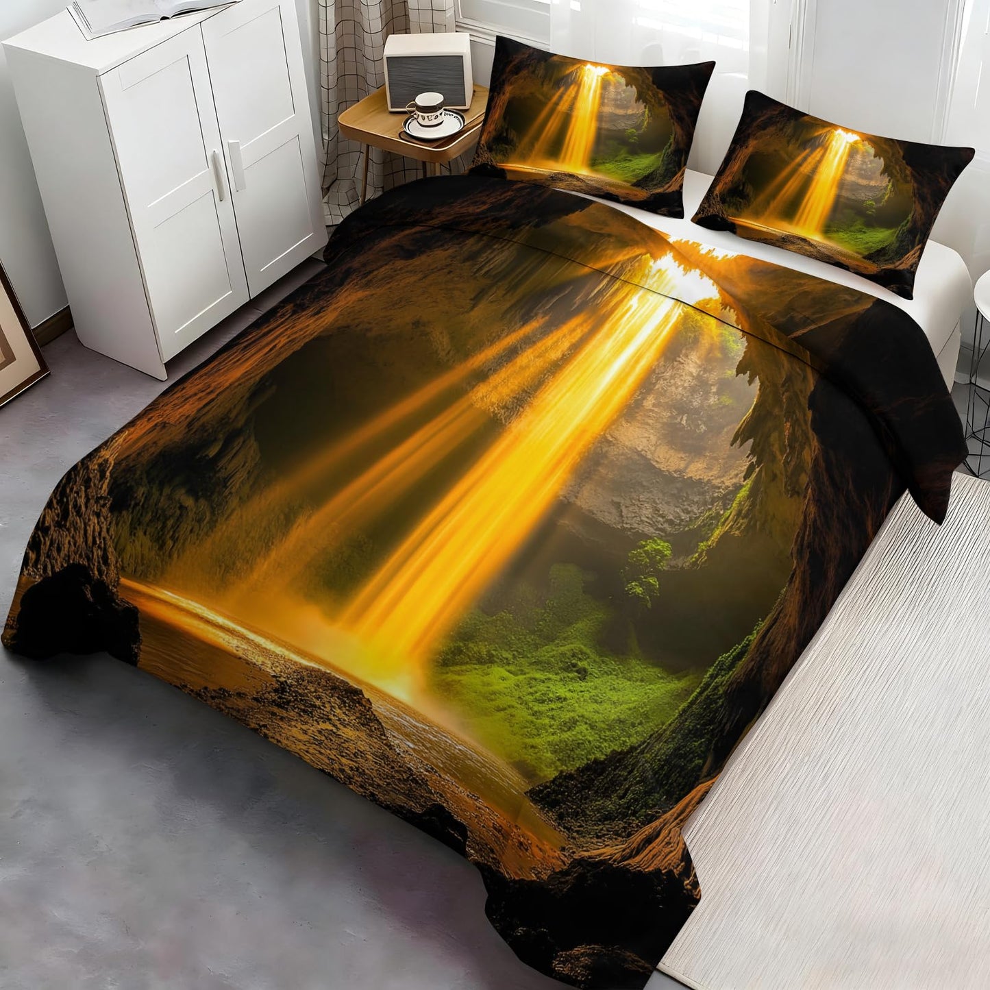 Waterfall Duvet Cover Full Size, Cave Waterfall Comforter Cover 80" x 90", Fantasy Natural Landscape Bedding Set with 2 Pillowcases