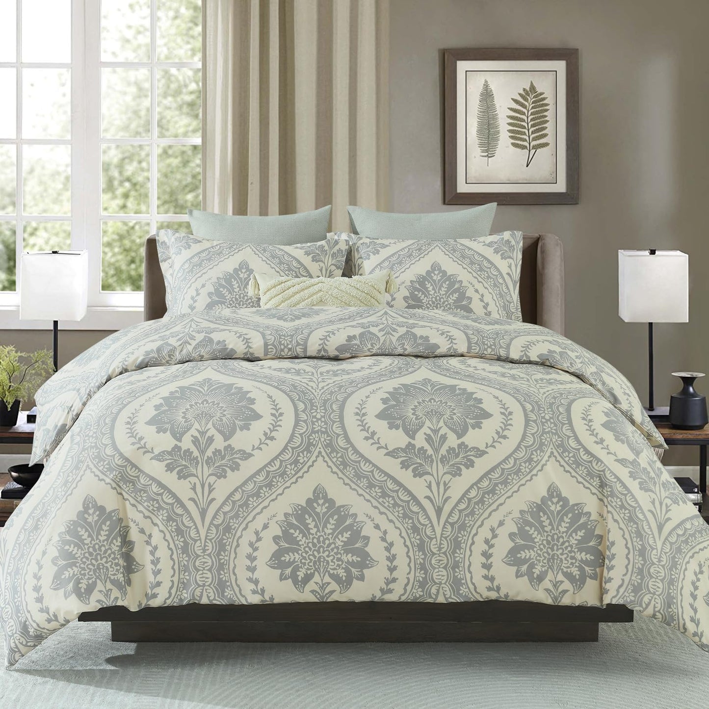 CozyDH Cotton Duvet Cover King - 100% Cotton 400 Thread Count Beige Duvet Cover Set King Size, Soft and Breathable Floral Damask Paisley King Bedding Set for All Season (King, 104"x90", NO Comforter)