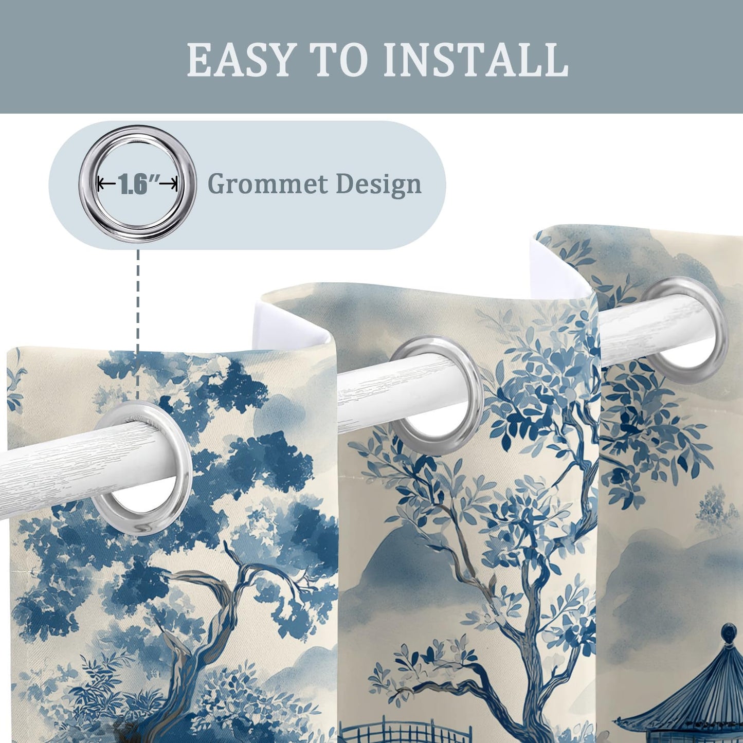 Chinese Asian Curtains for Bedroom Kitchen, 39 Inch 2 Panels, Chinoiserie Landscape Printed Pattern, 95% Blackout Window Drapes for Living Room, Chinese Home Decor, Grommet Top GR41