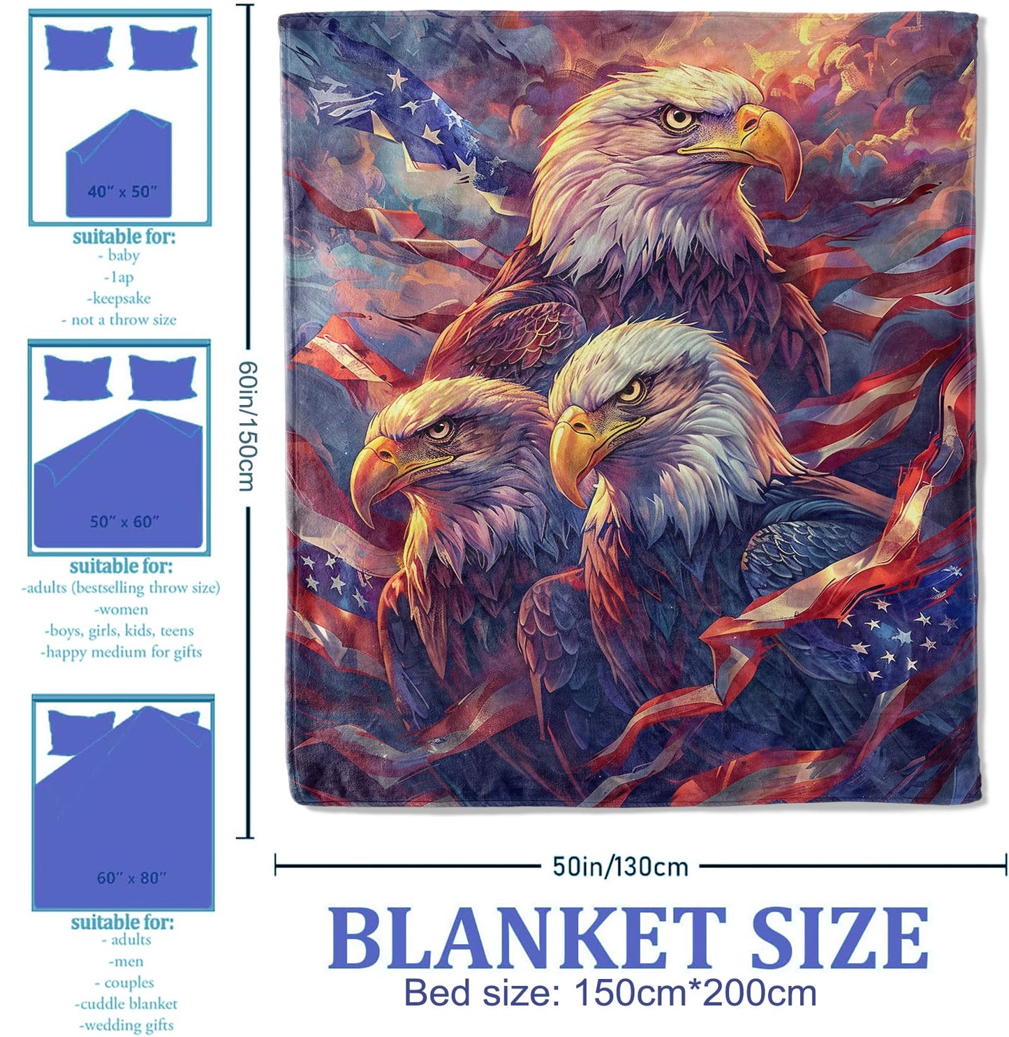 Plistiz American Bald Eagle Throw Blanket for Women Girls Boys, Soft Flannel Blankets Gifts for Living Room Couch, Home, Sofa Decor, 50"x60"