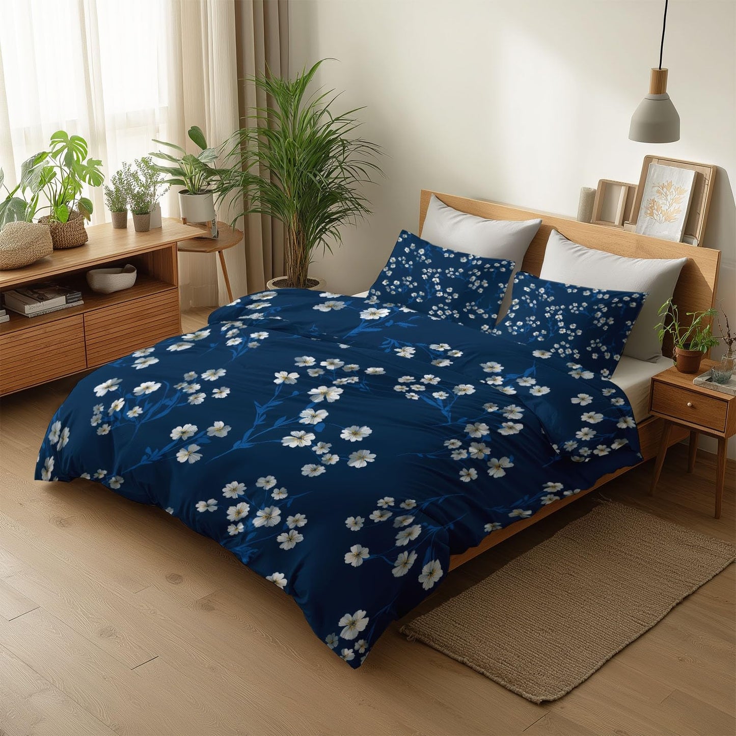 Super Soft Japanese Floral Style Duvet Cover Set Twin Size, Minimalist White Small Flowers Navy Blue Bedding for Kids Boys Girls Teens - Breathable and Anti-Allergic Soft Comforter Cover