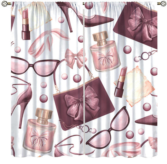Fashion Girls Curtains Modern High Heels Pink Perfume Lipstick Sunglasses Bag Art Printed Rod Pocket Window Treatments For Women Teenage Living Room Bedroom 2 Panels Set 41x45 ln（No Blackout）