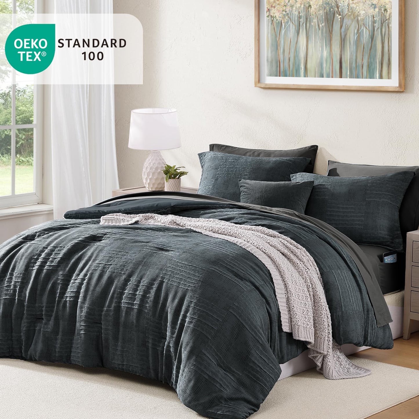 MaiRêve Queen Comforter Set Blue Grey, Textured Design Crinkle Bedding Sets 7 Pieces, All Season Bed in A Bag with Comforter, Sheets, Pillowcases & Shams