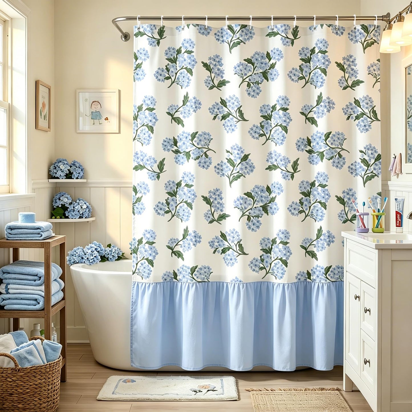 FYSUIMU Linen Textured Ruffle Shower Curtain with 12 Hooks Blue Hydrangea Floral Block Print Waterproof Bath Curtain for Summer Farmhouse French Country Bathroom Decor, 72 x 72 Inch