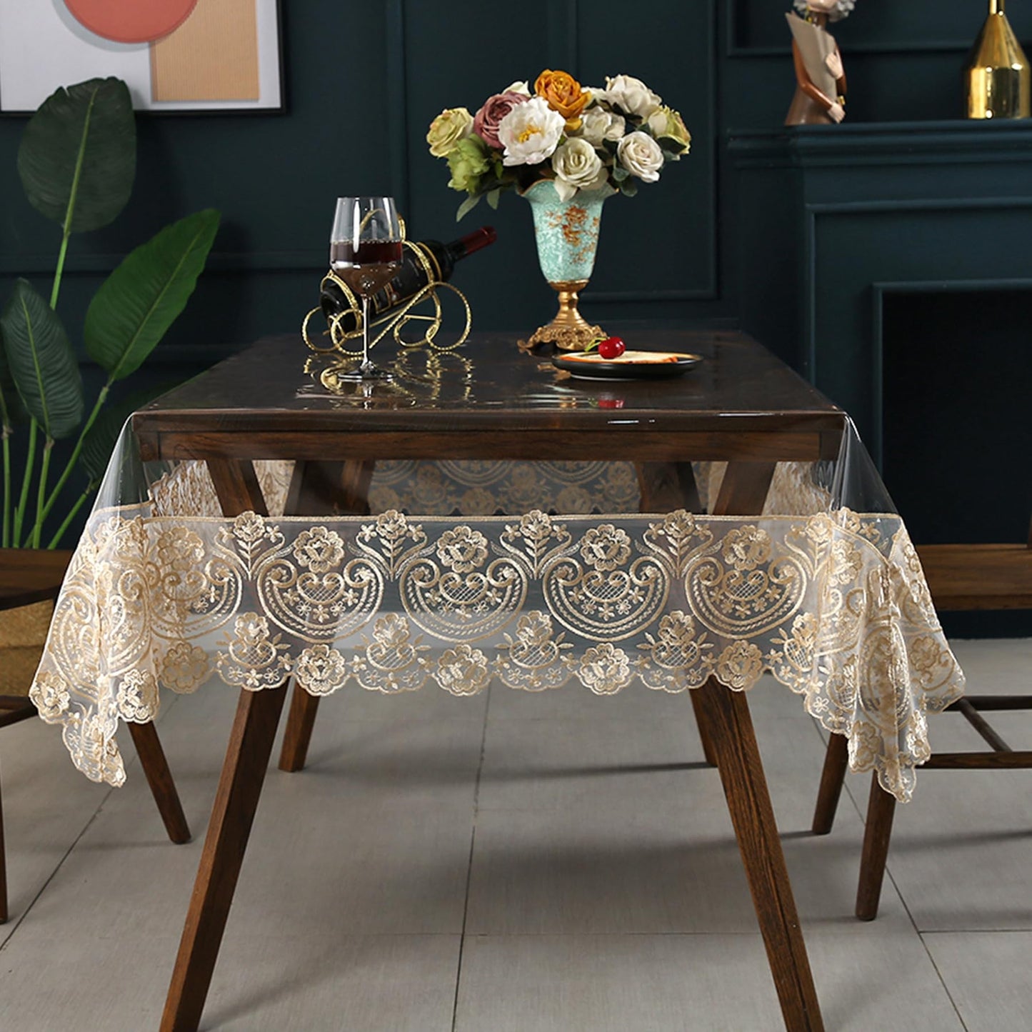 Jusmate Clear Vinyl Tablecloth Protector Transparent PVC Lace Border Plastic Waterproof Oil-Proof Rectangle Table Cover for Kitchen Home Dining Holiday Decoration (Beige, 60 x 84 Inch)