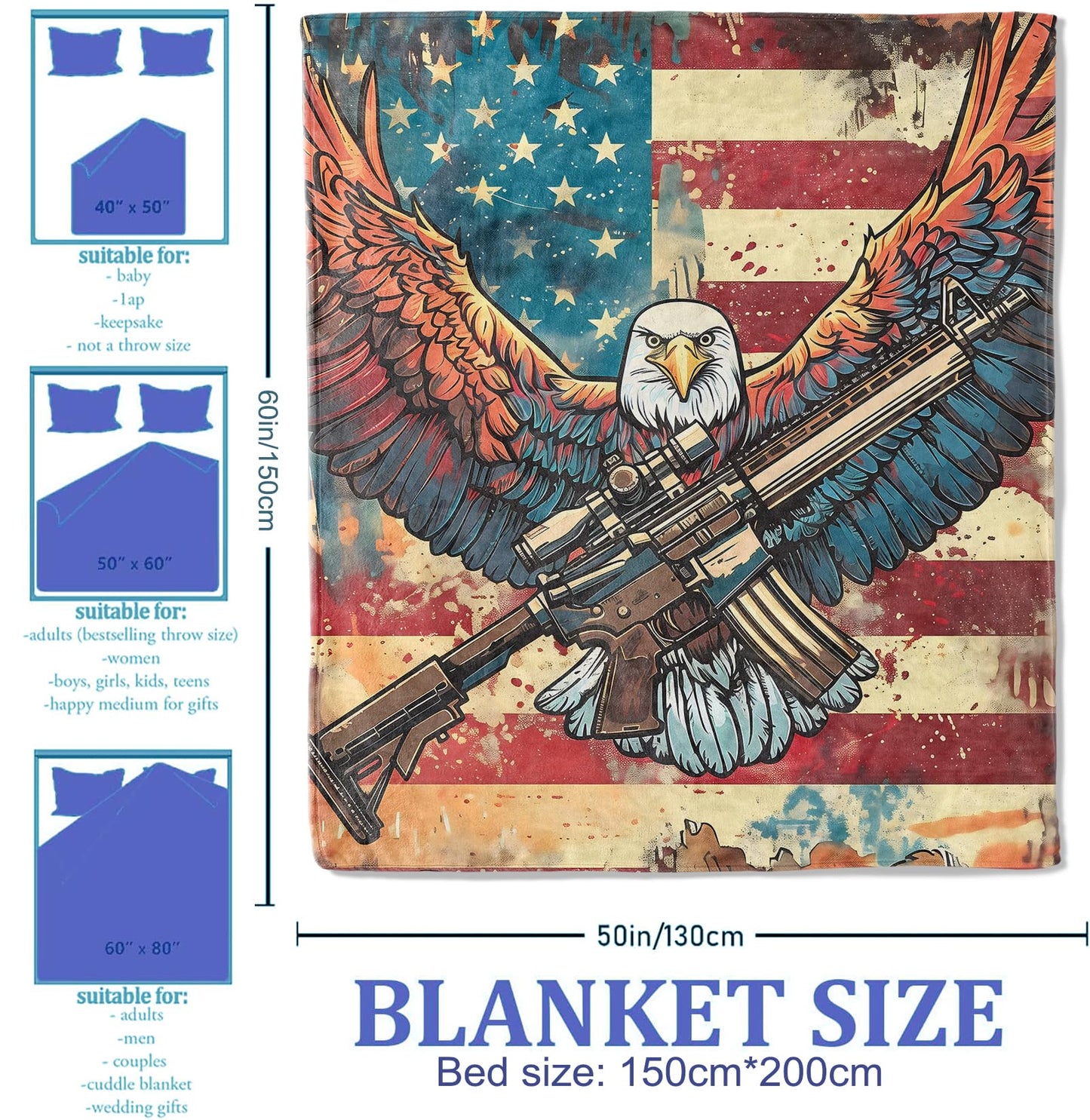 Plistiz Eagle & Rifle Veteran Throw Blanket 40"x50", American Flag Patriotic Army Theme Blankets for Living Room Couch, Home Decor, Soft Flannel Eagle Veteran Gifts for Adults and Men