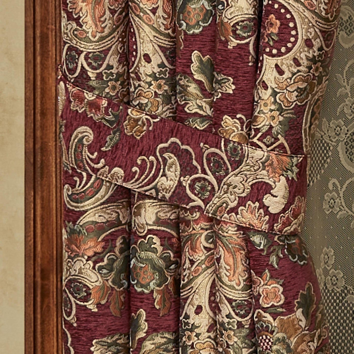 Tosca Chateau Traditional Luxury Window Treatment | Warm, Soft Burgundy Red Chenille | Colorful Woven Classic Jacobean Florals | Lined Window Drapery Set Includes Scalloped Valance & 84L Curtain Pair