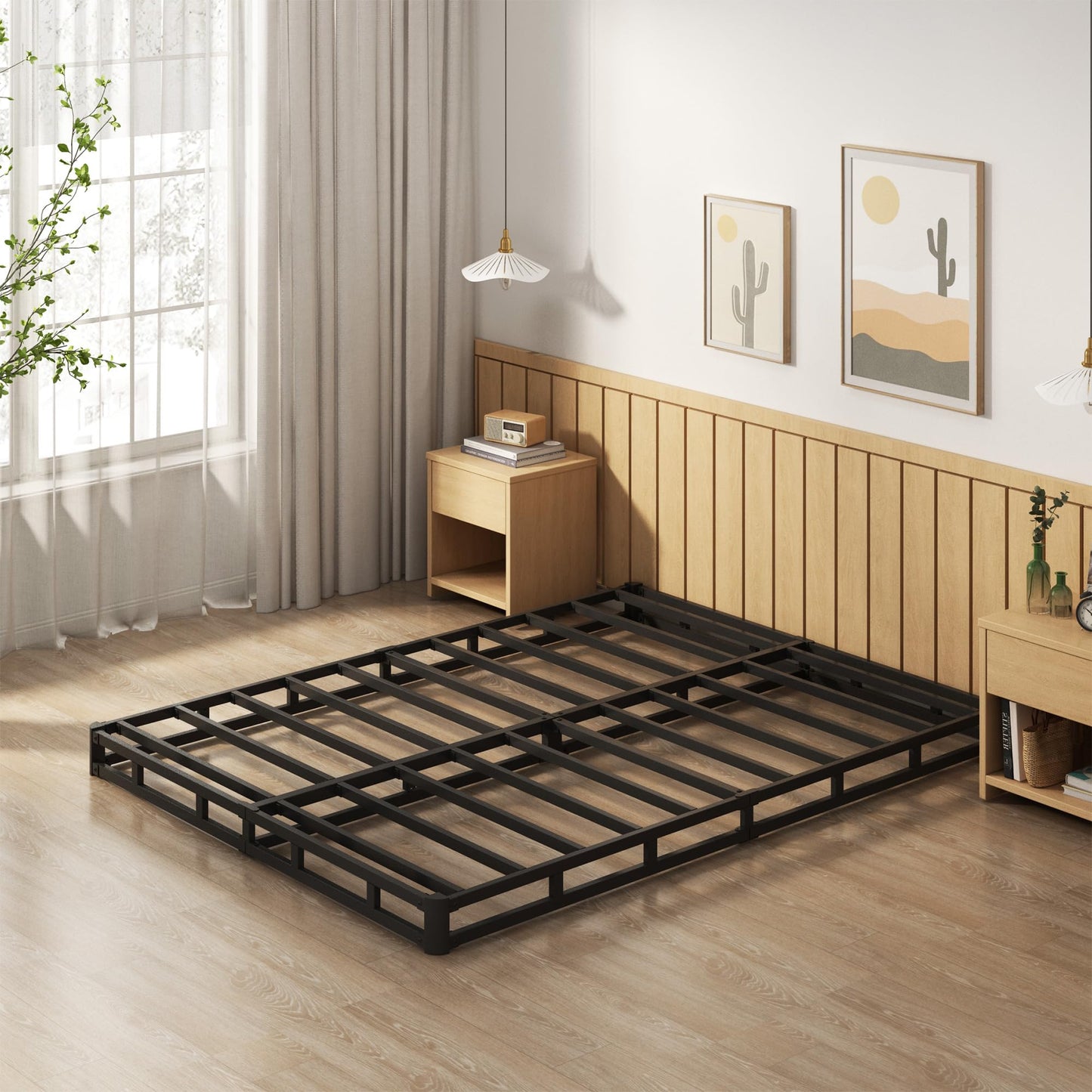 EMODA 5 Inch Box Spring Queen Size Bed Base, Heavy Duty Metal Queen Mattress Foundation with Fabric Cover, Easy Assembly, Black