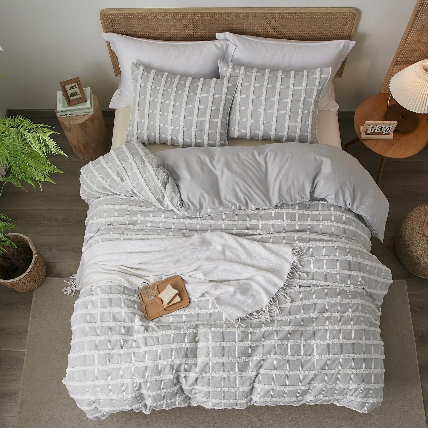 Tufted Boho Grey Stripe Queen Duvet Cover with 2 Pillow Shams, No Comforter