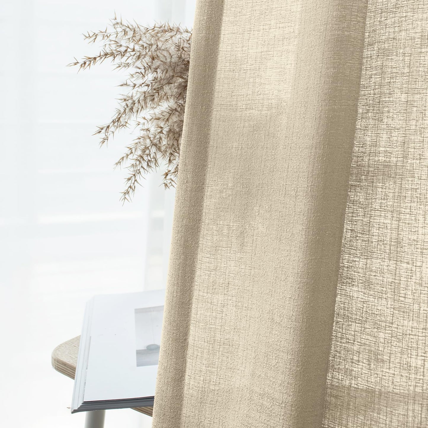 Melodieux Tan Semi Sheer Curtains 63 Inch Length for Living Room, Linen Rustic Bedroom Privacy Window Grommet Sheer Drapes, 52 by 63 Inch, 2 Panels