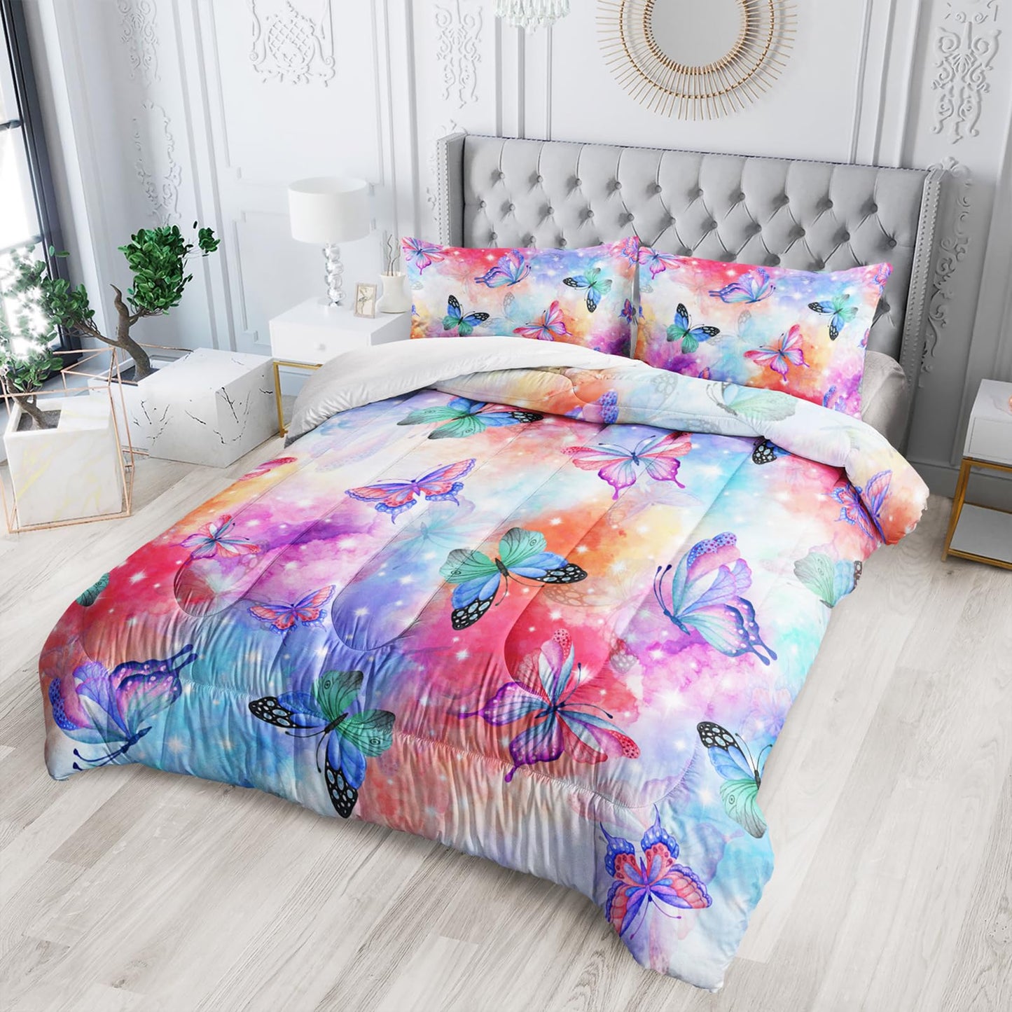 Nttopship Rainbow Butterfly Comforter Sets - Twin Size, Cute Kids Bedding Sets with Galaxy Butterfly Pattern, All Season Comforter and 2 Pillowcases