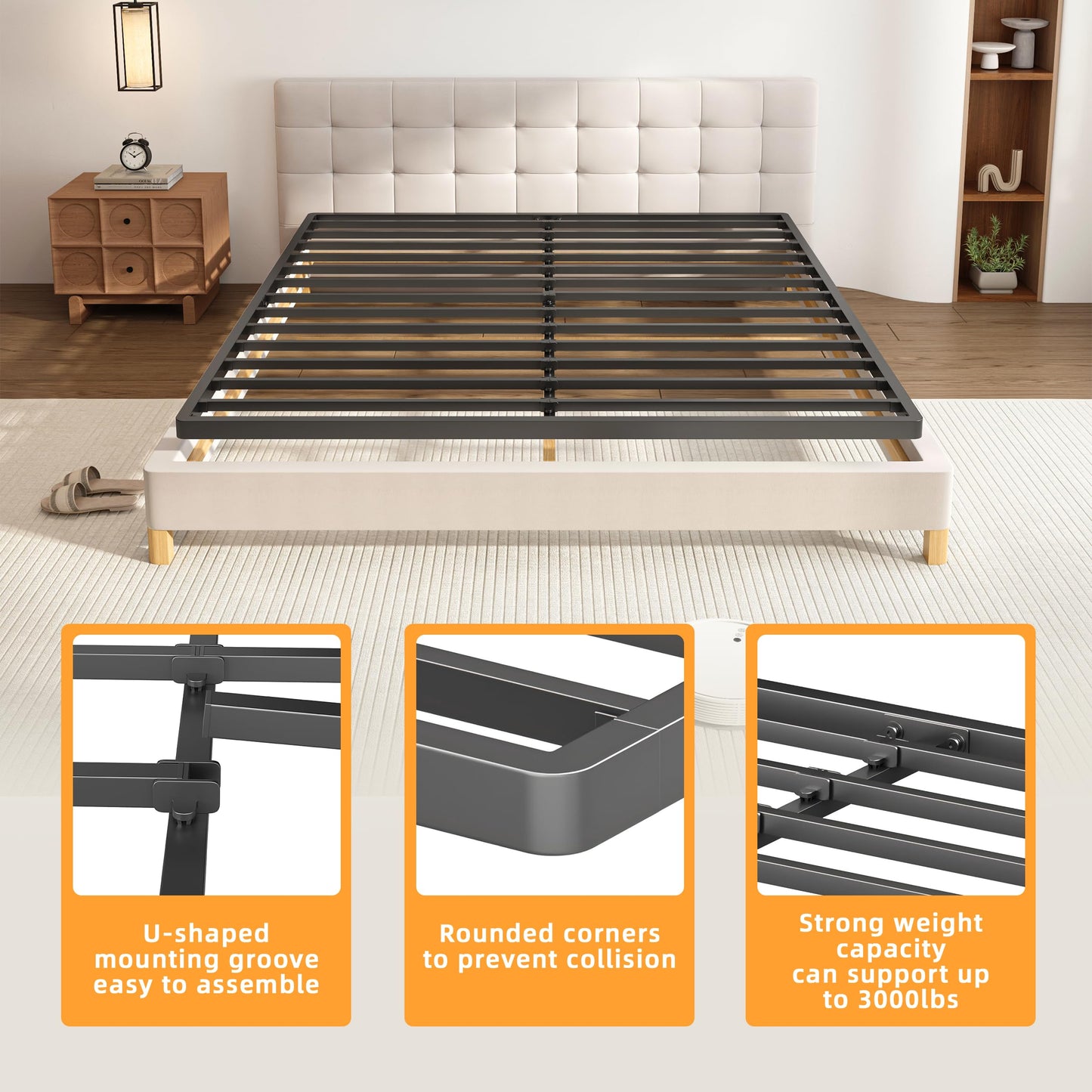 VIPSHOW 2 Inch Twin Metal Box Spring with Round Corners - 3000 lbs Capacity, Low Profile Bed Slat Replacement Bunkie Board with Steel Slats, Noise-Free, Easy Assemble, Black
