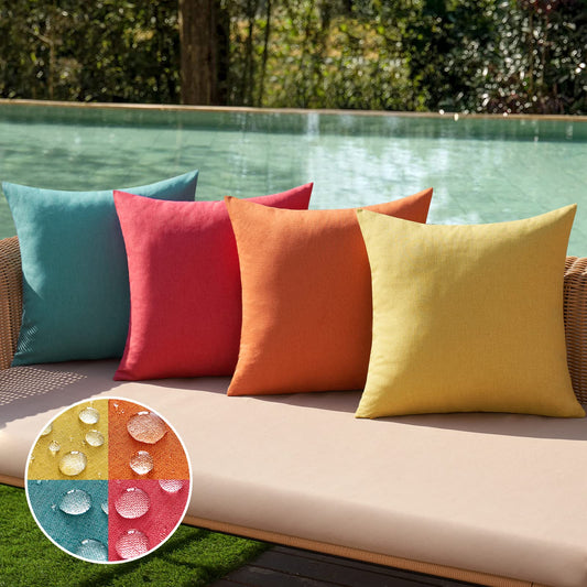 MIULEE Pack of 4 Decorative Outdoor Throw Pillow Covers Linen Waterproof Pillow Covers Summer Farmhouse Cushion Cases for Patio Garden Tent Balcony Couch Sofa 18x18 Inch Red/Turquoise