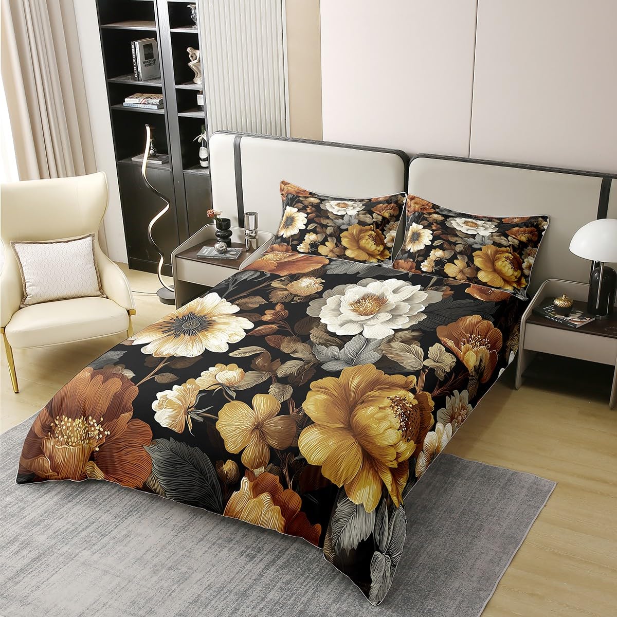 Erosebridal Mid Century Full 100% Cotton Duvet Cover, Abstract Boho Floral Bedding Set for Women Men Adults Kids, Colourful Tropical Leaves Comforter Cover, Chic Modern Flower Black Bedclothes