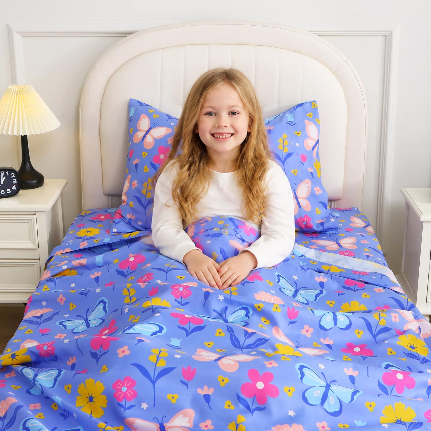 Softan Kids Twin Sheets Set, 3 Piece Butterfly Floral Bedding Set for Girls, Soft Breathable Microfiber with 15" Deep Pocket, Fitted Flat Sheet & Pillowcase