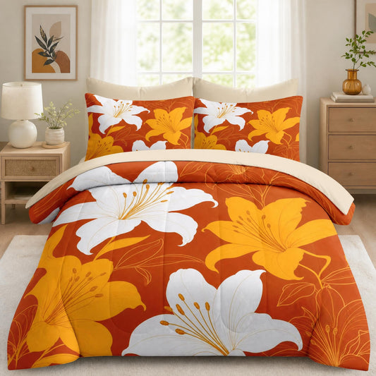 Boewywh Comforter Set Twin Size Floral Orange Vintage 7 Pcs, Bedding for Kids and Adults, Retro Fall Bed Sheet Sets with Fitted Sheet 2 Pillowcases & 2 Shams for Bedroom Bed Decor