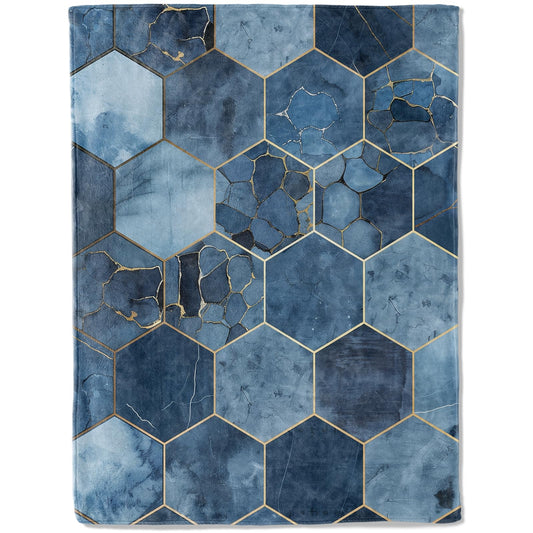 ainori Luxurious Blue Hexagon Throw Blanket 50x60 in, Elegant Blue Gold Blankets for Couch Bedroom Living Room Indoor Decor, Lightweight Soft Cozy Bedding Birthday Gift for Kids Boys Adults