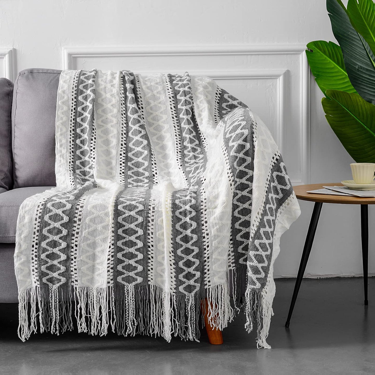 Quinnsus Knit Soft Lightweight Decorative Bed Throw Blankets, Jacquard Textured Boho Summer Throw Blanket with Tassels for Bed, Sofa and Living Room (Grey, 50 x 60 inches)