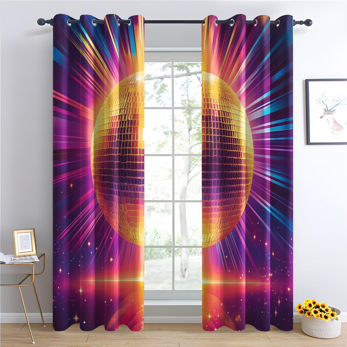 Phtbz Gold Disco Ball Patterned Blackout Curtains for Bedroom, Living Room Decor, Room Darkening Thermal Insulated Grommet Drapes, Retro Dance Party Window Treatments, 45 Inch Curtains 2 Panel Set