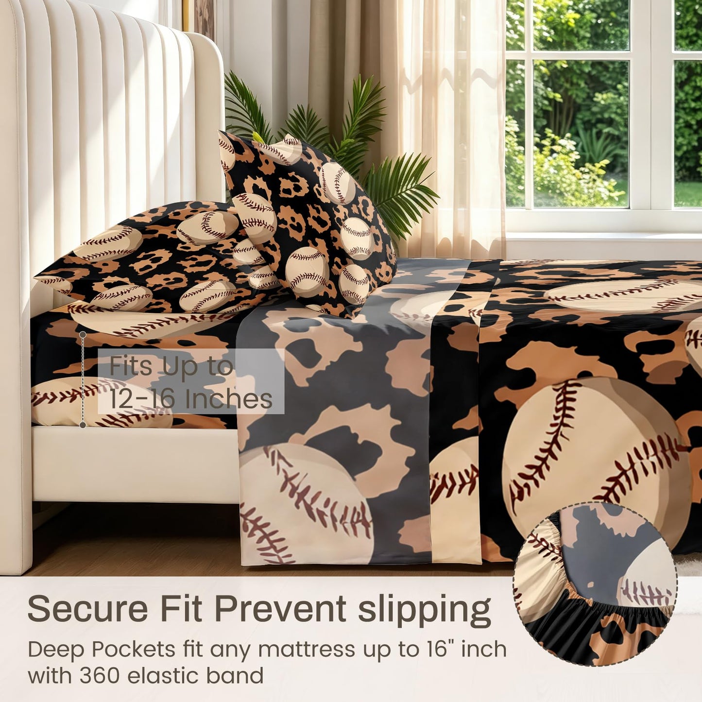 Baseball Queen Sheet Set 4 Pcs Boys Sports Bed Sheets, Black