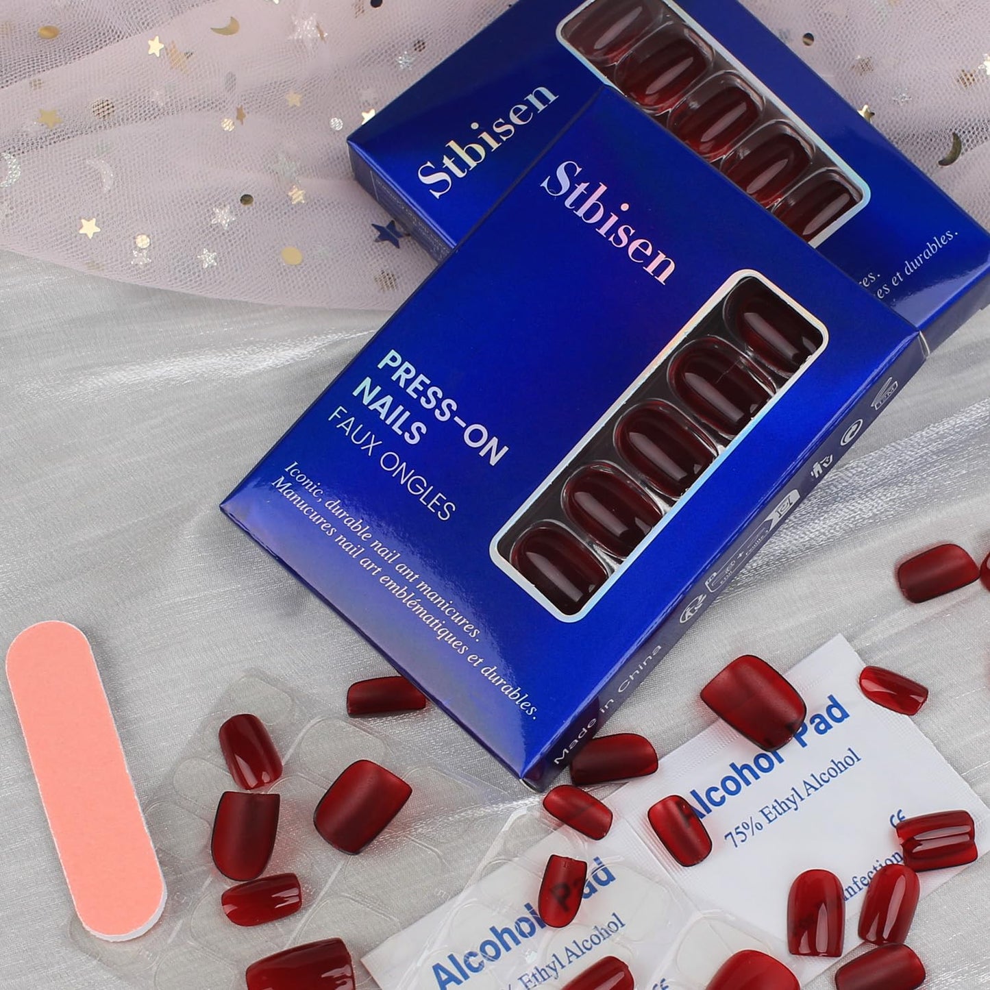 Burgundy Press On Nails Short Square Shape, Glossy Finish Acrylic Fake Nails Kit, Reusable Glue On Nails, Long-Lasting, Natural Stick-On Manicure Set for Women, 24pcs DIY Elegant Nails