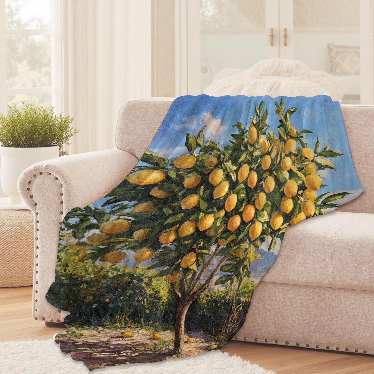 SIUKUS Fresh Lemon Tree Flannel Throw Blanket for Picnic Bedroom Kitchen,Yellow Fruit and Blue Sky Decorative Blankets,Soft Lightweight Throws,Thoughtful Gifts for Kids Nature Lovers,50x60 Inch