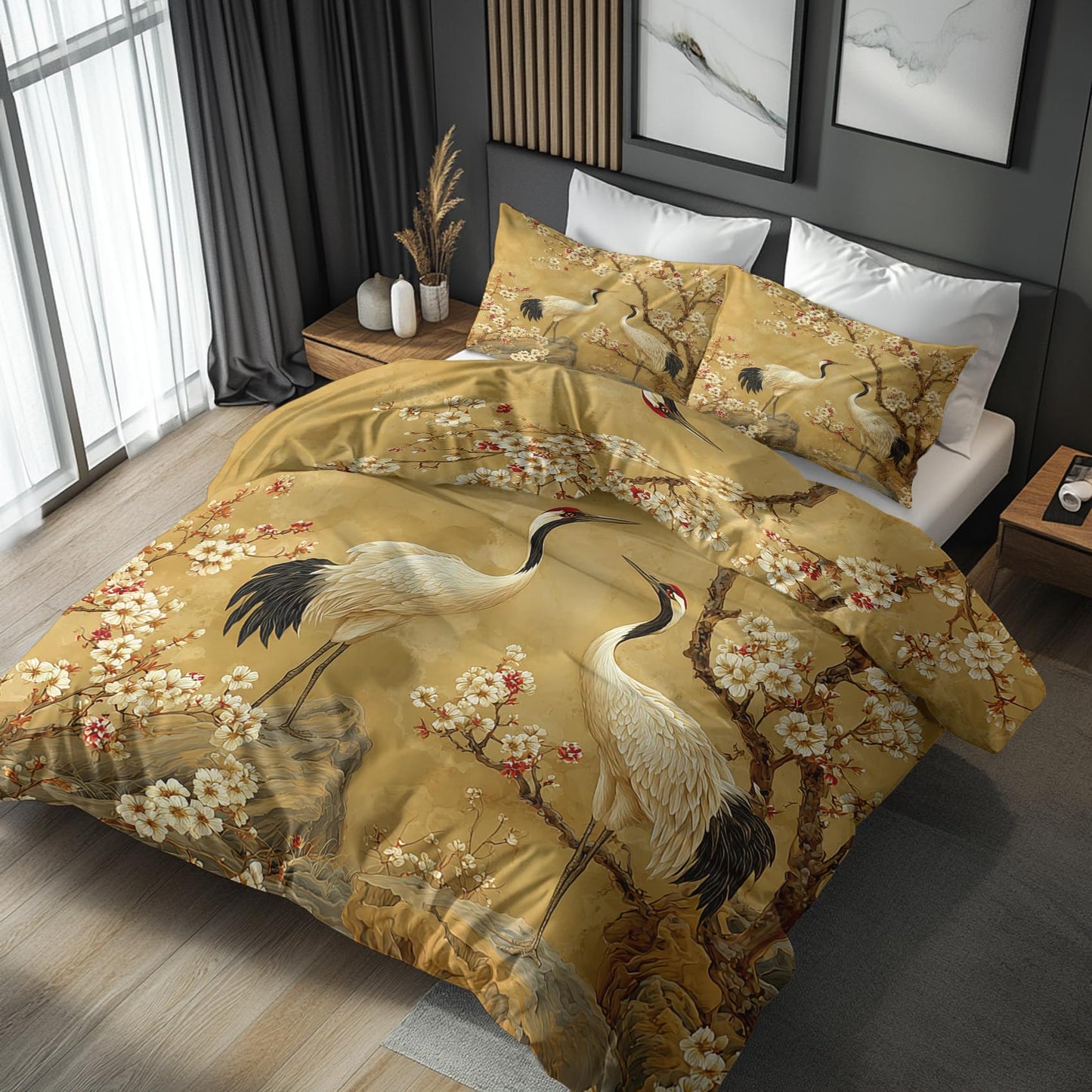 FJWXCBD Japanese Crane Duvet Cover King Size, Cherry Blossom Pattern Bedding Set 3 Piece for Bedroom Decor, Asian Oriental Duvet Cover & 2 Pillow Shams, with Zipper & Ties, Super Soft Microfiber