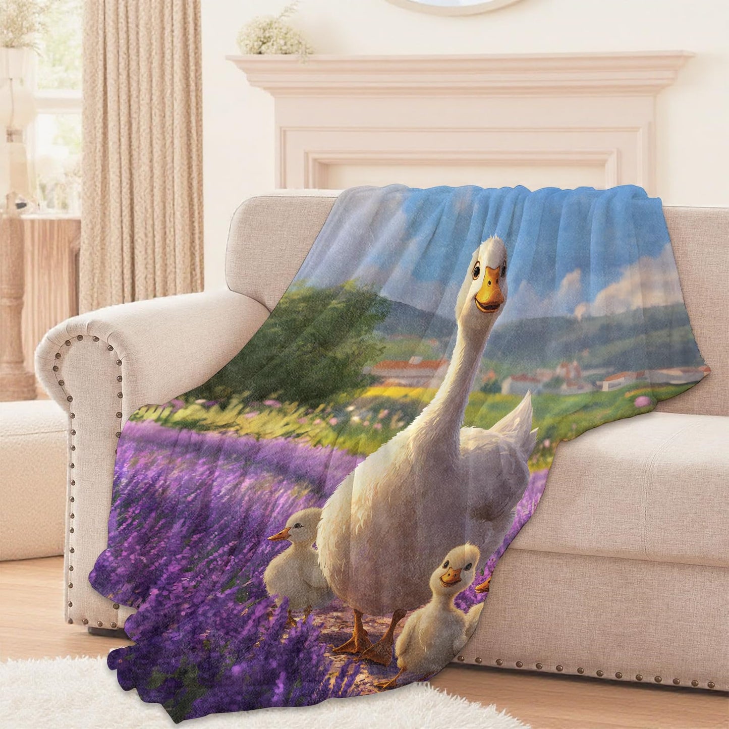 Lugiu Cute Duck Blanket, Lightweight Comfy Lavender Field and Duckling Throw for Couch Sofa Bedroom, Soft Cozy Travel Flannel Realistic Lovely Blankets Gifts for Women Girls Kids, Home Decor 60×50in