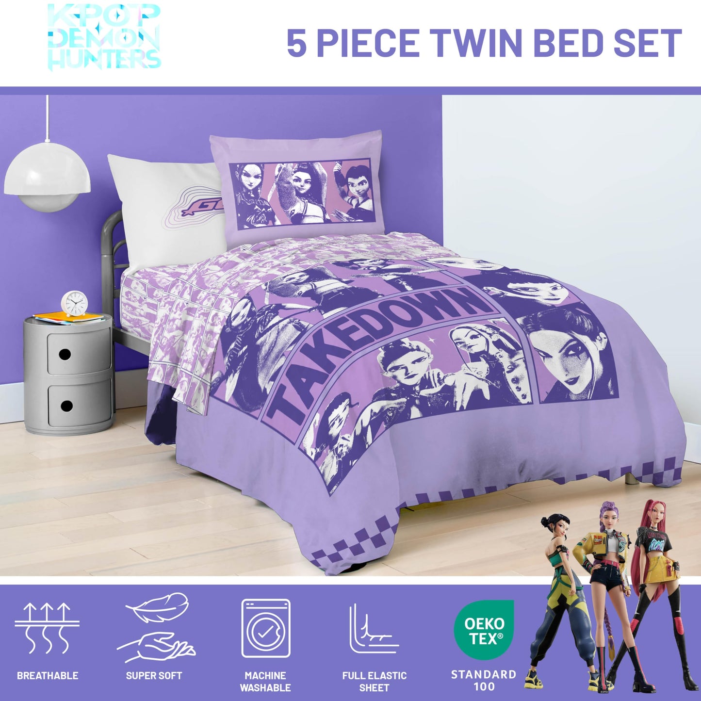 Jay Franco Kids Comforter Set Includes Sheets and Pillow Covers - Soft and Cozy Bed Set for Stylish Room Decor, Official Licensed Bedding, Purple - Kpop Demon Hunters, 5 Piece Twin