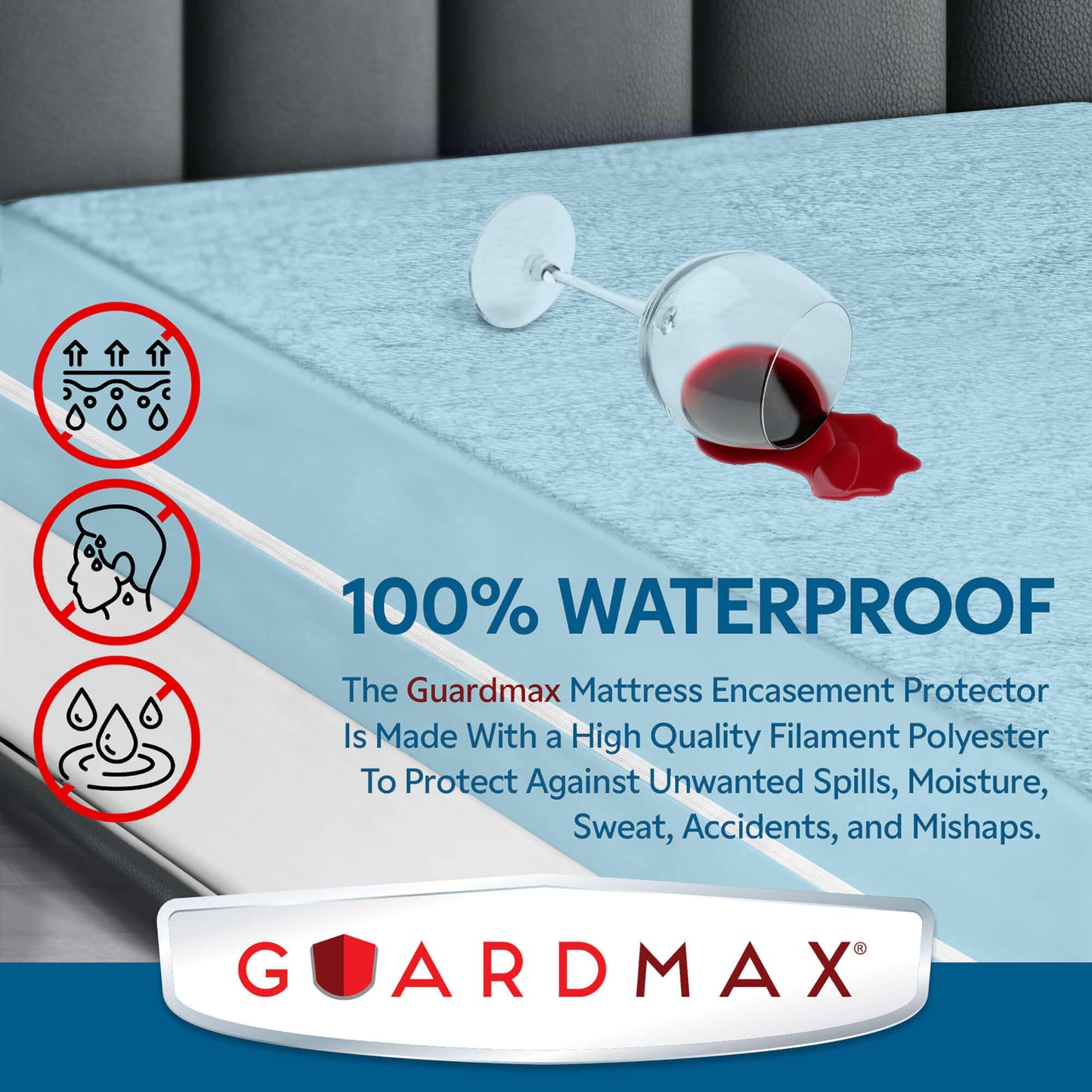 Guardmax Queen Mattress Encasement Zippered, 100% Waterproof Mattress Protector, Soft & Absorbent Cotton Terry Top Mattress Cover for Kids, Adults, & Pets, Bed Bug & Dust Mite Proof Cover (Light Blue)