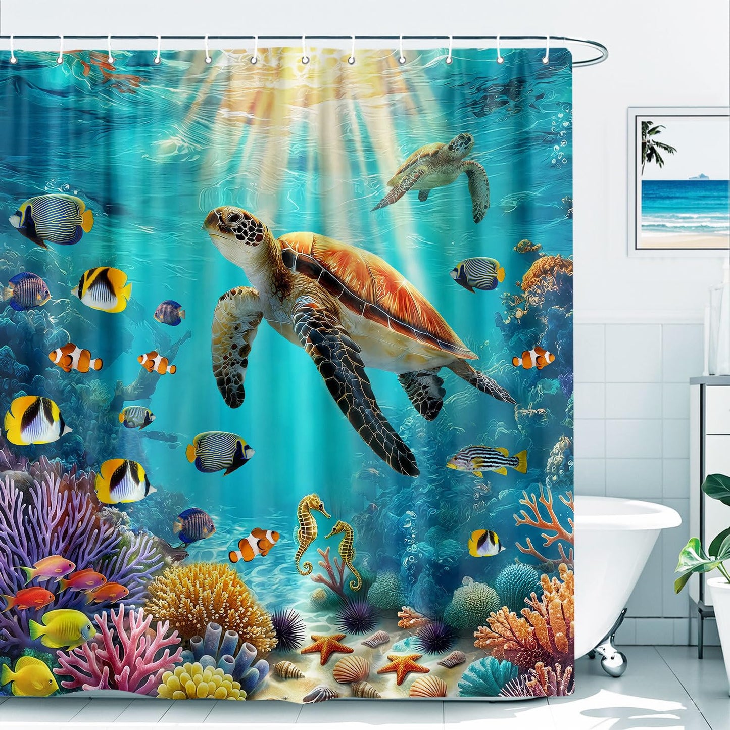 Sea Turtle Shower Curtain, Underwater World Shower Curtain for Kids Bathroom, Tropical Fish Coral Reef Ocean Theme Fabric Beach Shower Curtain Set with 12 Hooks, Coastal Decoration 72X72 with Hooks