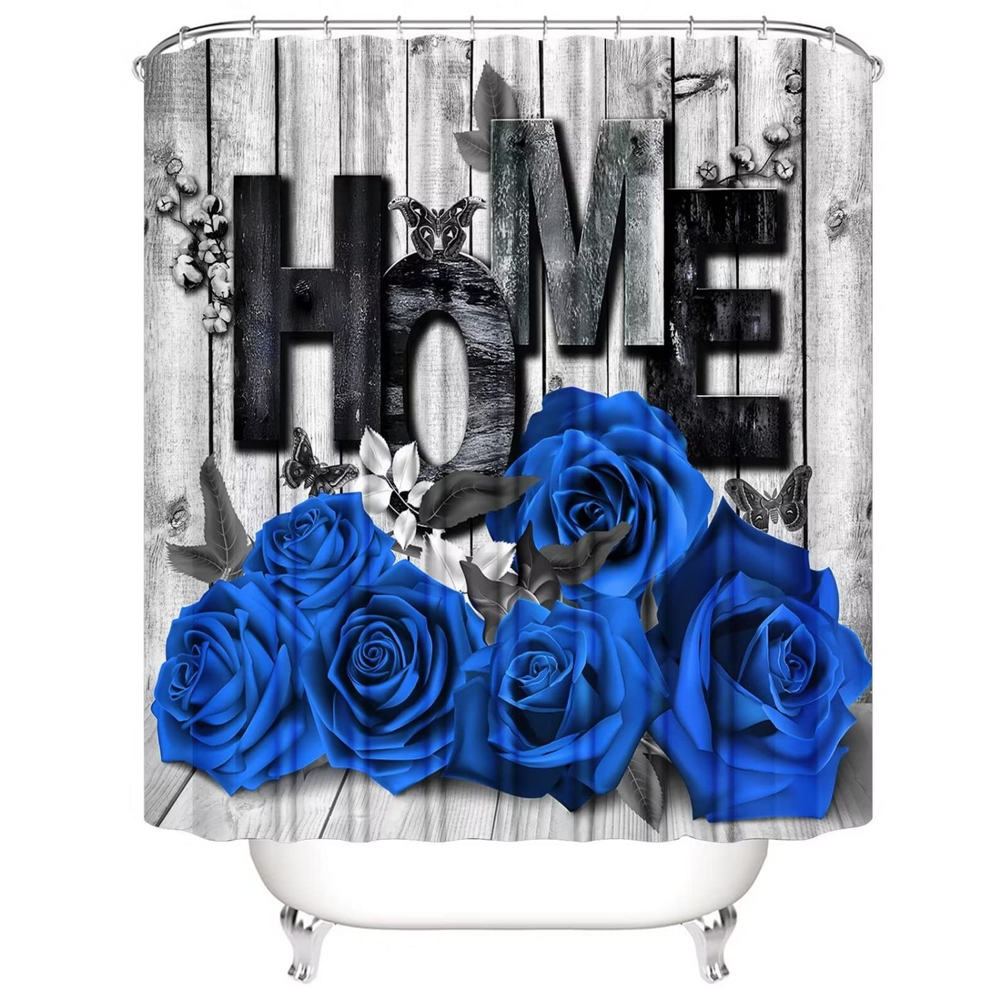 Yddsky Blue Rose Valentines 4 Pcs Shower Curtain Sets Non-Slip Rugs Bath Mat Toilet Cover U Shaped Mat Romantic Blue Bathroom Decor with 12 Hooks Valentines Day Bathroom Set