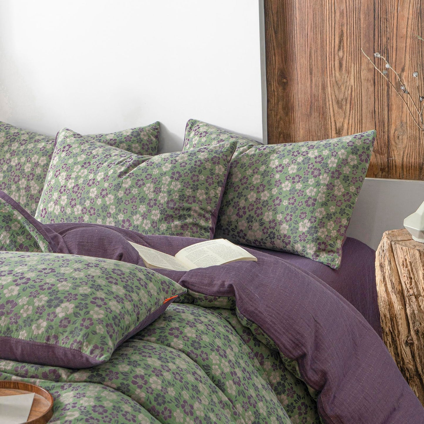 VM VOUGEMARKET Green & Purple Floral Jacquard Duvet Cover Set Queen,Breathable Double Layer Gauze Farmhouse Style Bedding Set for Home