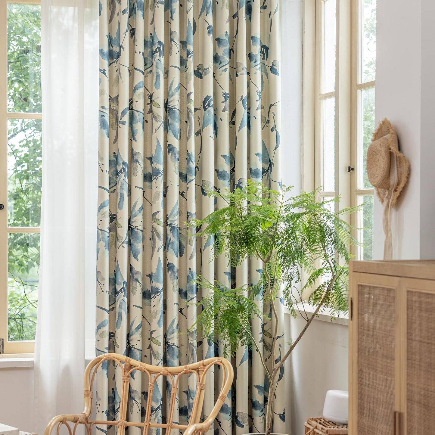 SUOUO Floral Blackout Curtains for Bedroom 84 inches Long Patterned Grey Blue Leaf Room Darkening Window Drapes for Living Room 2 Panels