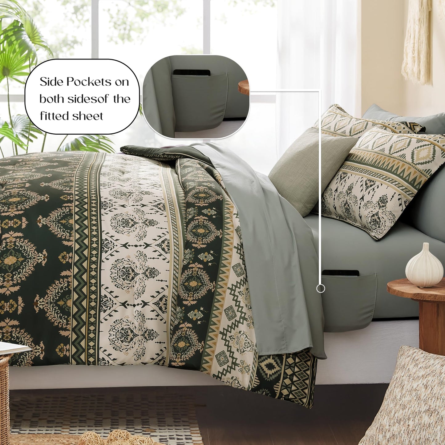 Geniospin King Size Comforter Set- 7 Pieces Boho Bed in a Bag, Western Bedding Set for All Seasons, Soft Aztec Bedding, Lightweight Comforter Bed Set with Sheets, Pillowcases & Shams